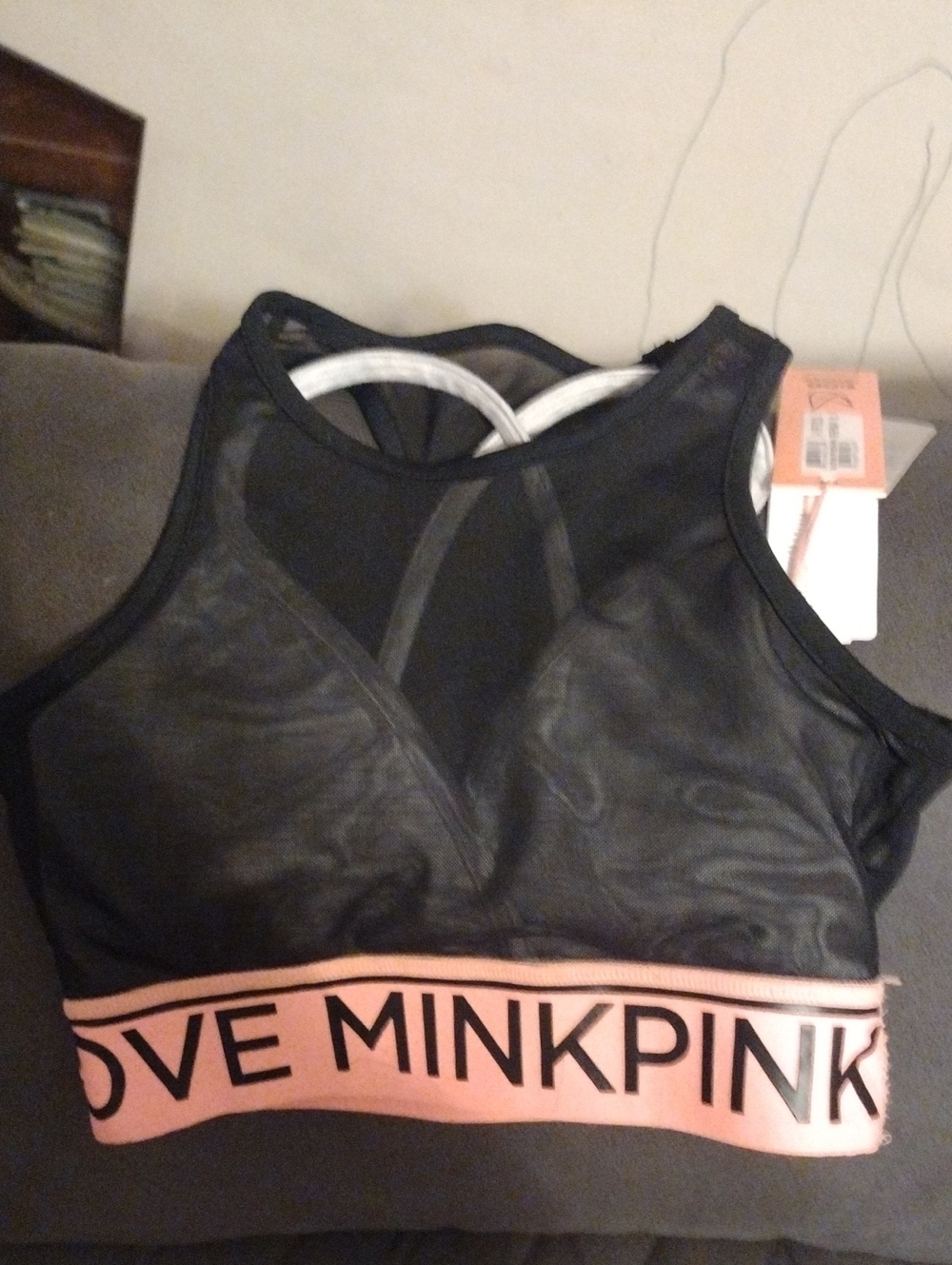 MINKPINK Black Mesh Sports Bralette with Pink Branded Band